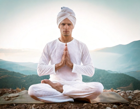 Firefly Kundalini Yoga and prayer concept; yogi man practices at mid day wearing white clothes and w (1)