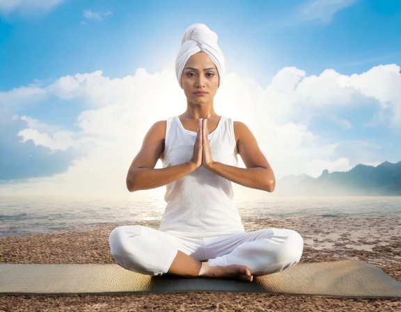 Firefly Kundalini Yoga and prayer concept; yogi woman practices at mid day wearing white clothes and (2)