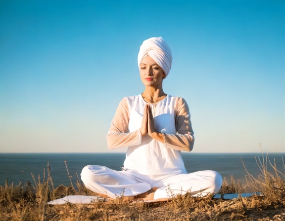 Firefly Kundalini Yoga and prayer concept; yogi woman practices at mid day wearing white clothes and (3)