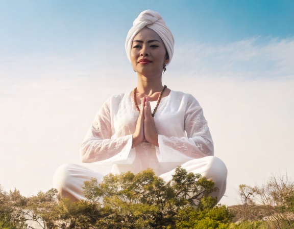 Firefly Kundalini Yoga and prayer concept; yogi woman practices at mid day wearing white clothes and